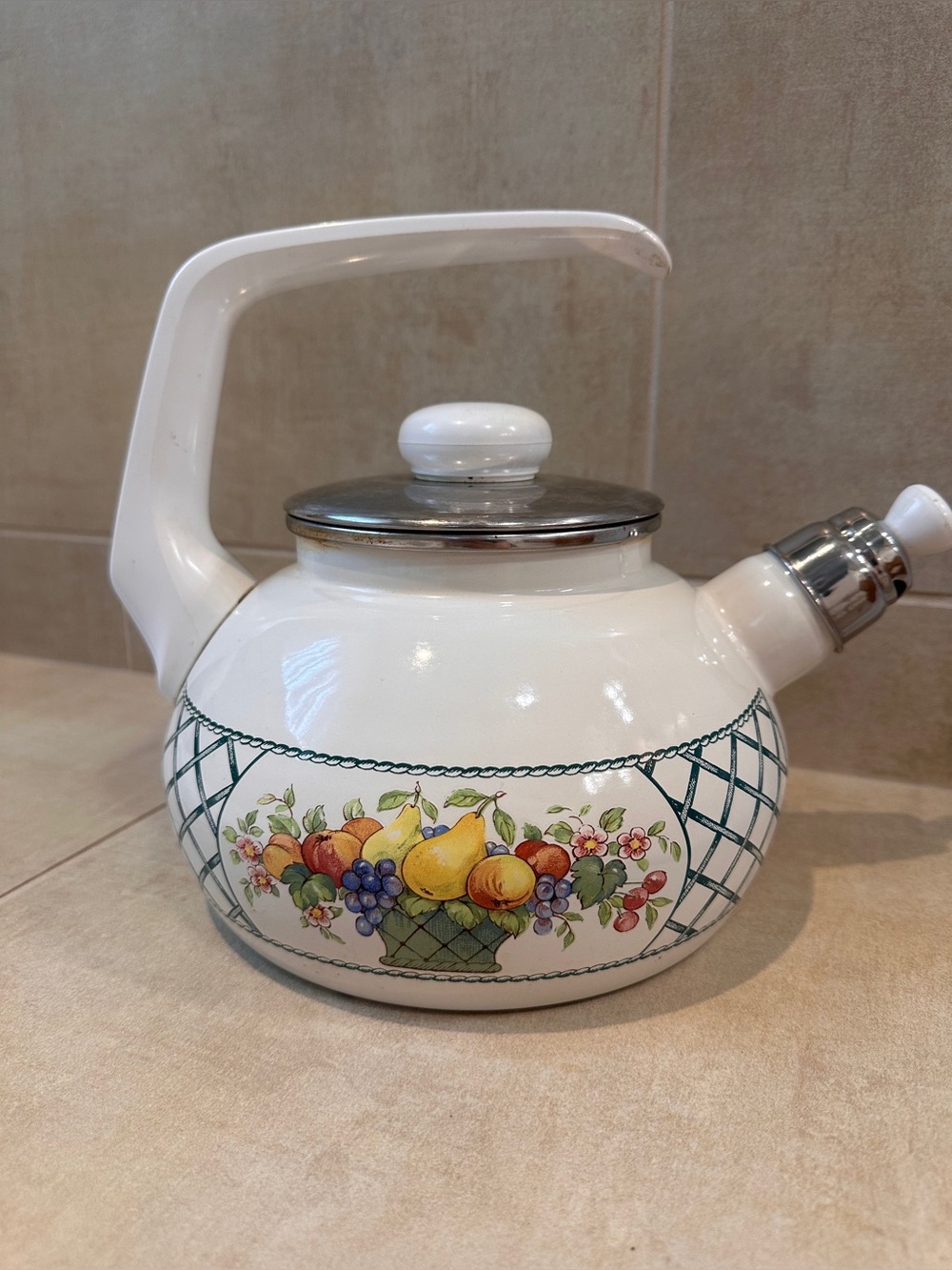 Vintage Villeroy & Boch Basket Pattern Metal Enamel Kettle White Whistle 8”